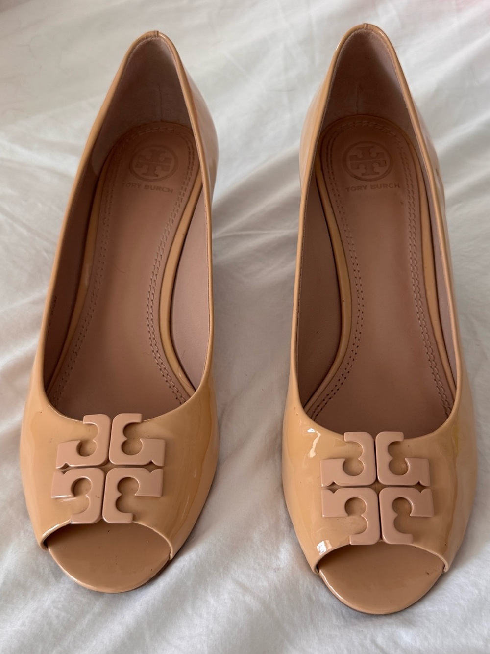 Tory Burch Lowell patent peep toe wedge. EUC with minor wear. 8 1/2.